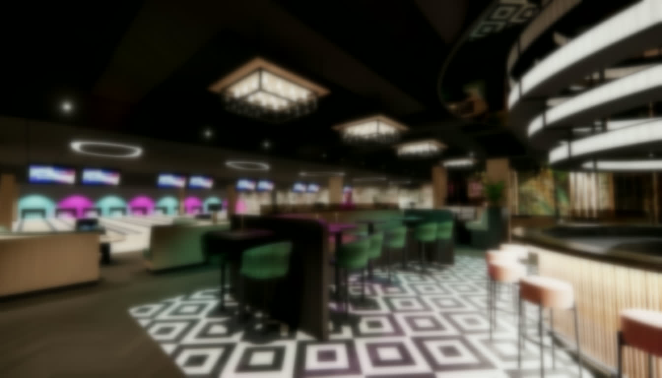 Blick in das Bowling 2000 in Bocholt: beleuchtete Bahnen, Bar und Lounge-Bereich