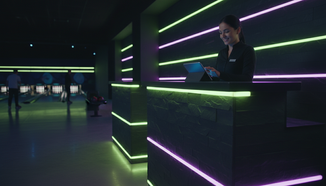 Mitarbeiter am Empfang eines modernen Bowlingcenters mit Tablet
