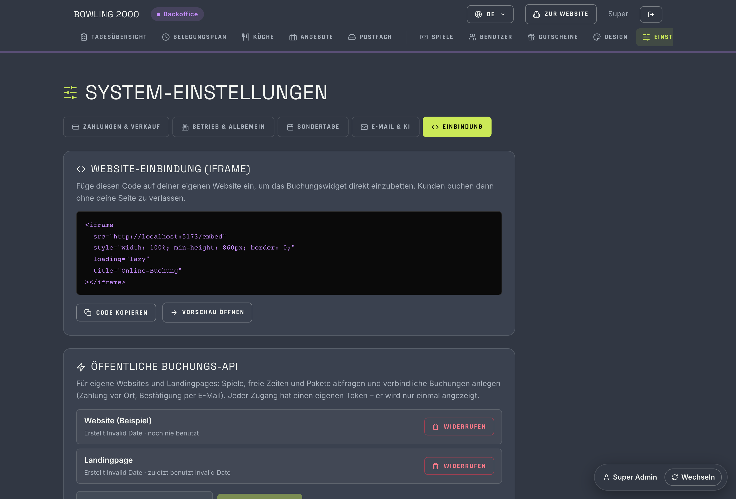 API-Token-Verwaltung in den Einstellungen