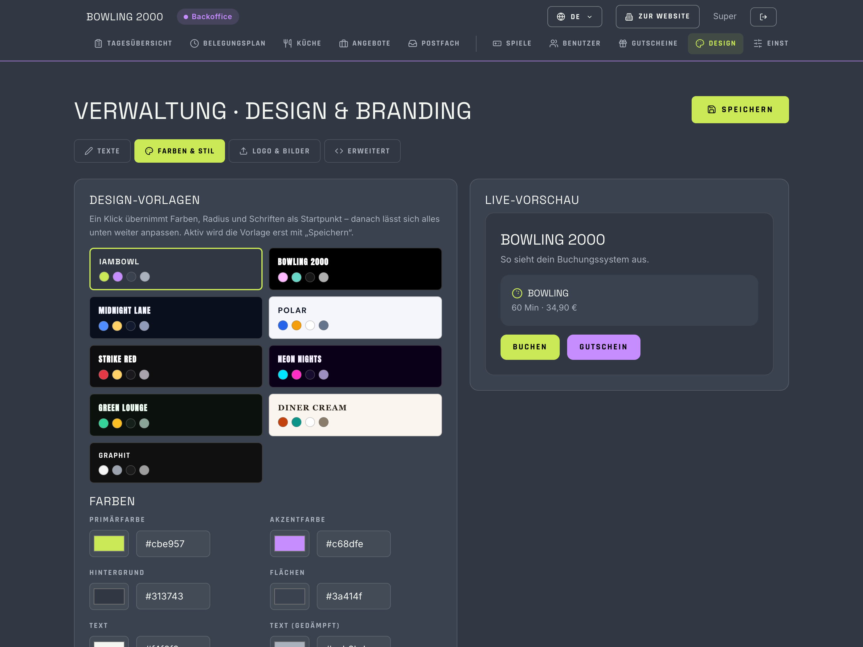 Design-Editor mit Farb- und Schrifteinstellungen