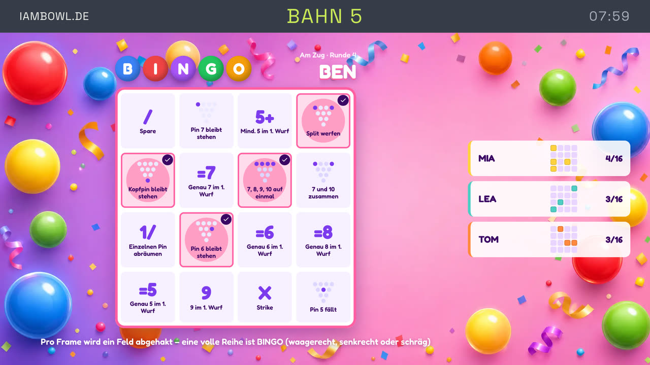 Pin-Bingo: Bingokarte mit Aufgaben wie Spare, Pin 7 bleibt stehen, Split werfen
