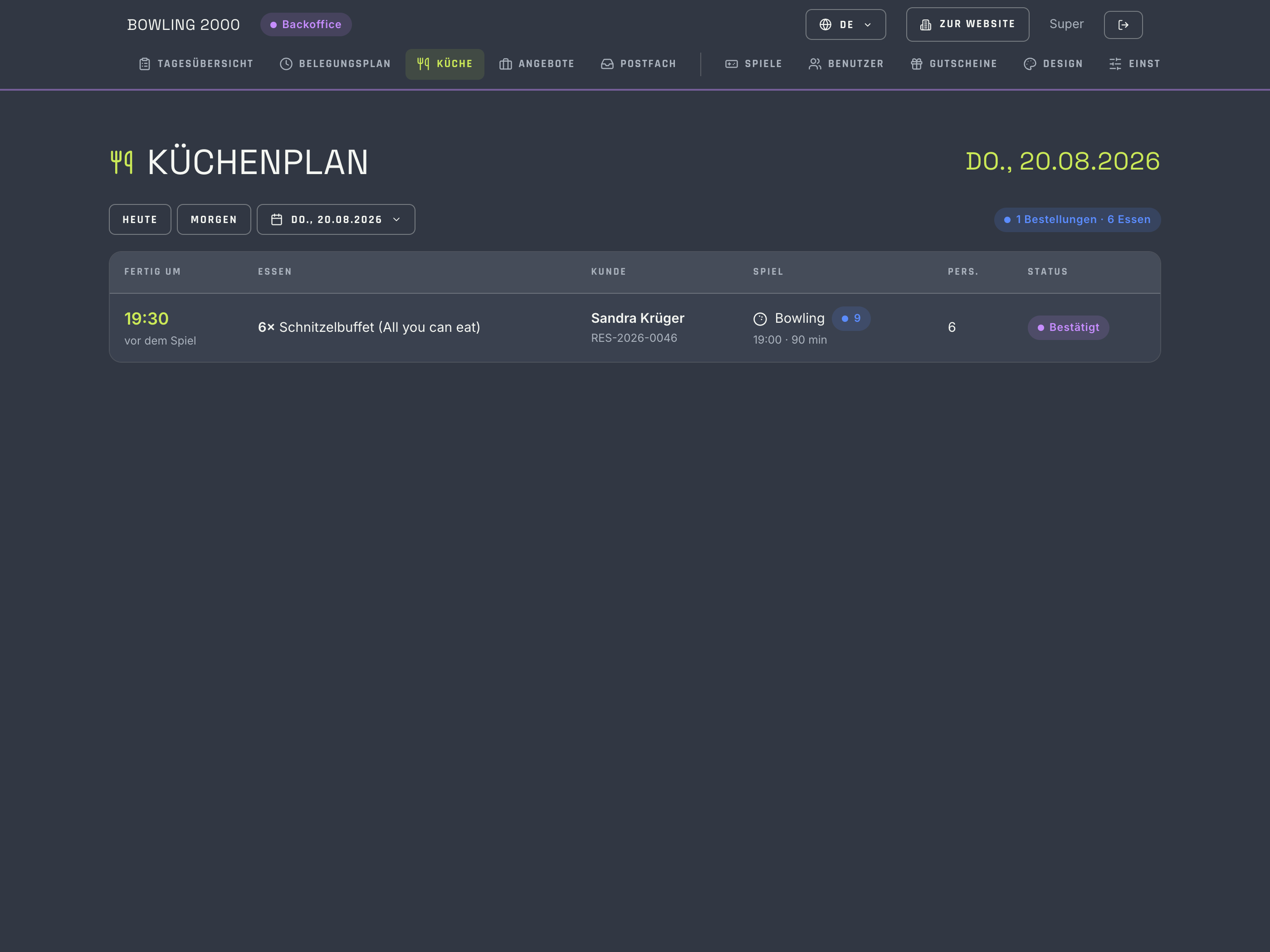 Küchenplan mit Bestellungen nach Uhrzeit